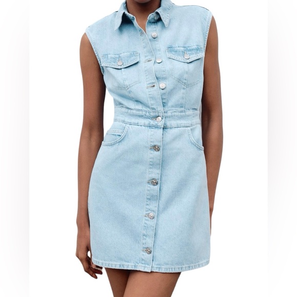 ZARA NEW Women’s Sleeveless Blue Denim Mini Dress Size Large Lapel Collard NWT - Picture 1 of 9